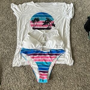 SHEIN White and Blue Bikini Classic Swimwear With Jewelry